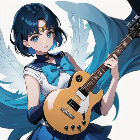 (masterpiece), 1girl, sailor mercury, blue eyes, blue hair, short hair, (parted bangs:1.5), playing instrument, heavenly song  <...