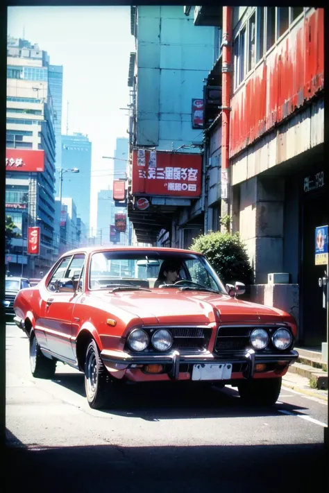 (1970s (style) retro artstyle:1.25)
(red car:1.5) old city night central freeway highway
Japanese classic car
pastel color (city...