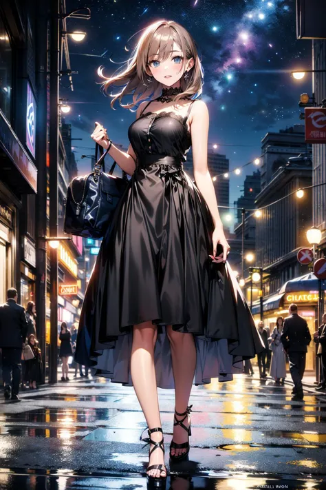 Mulher adulta com cabelo ruivo, vestido preto, delgado, corpo todo 
(noite escura construindo rua da cidade :1.5) 
(obra de arte, melhor qualidade:1.3)
