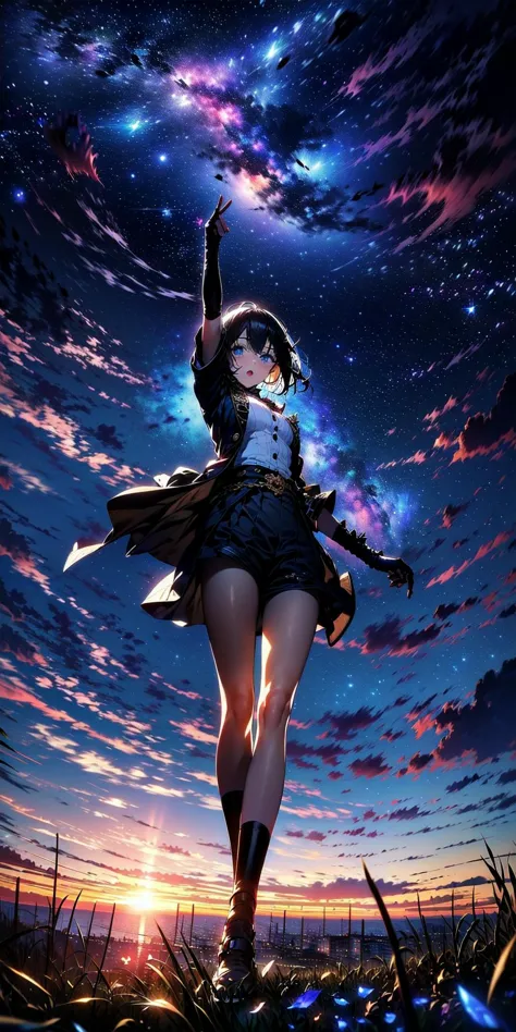 <lora:LAS:0.8> starry,stars cloud,colorful
highres, (official art, beautiful and aesthetic:1.2), close view, (arm up look up fro...