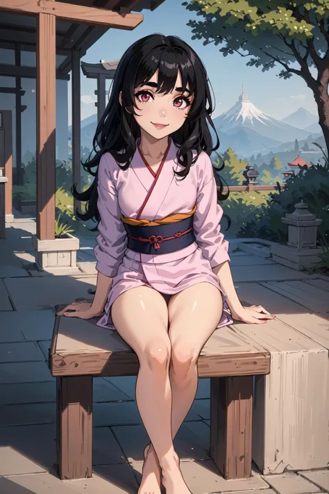 1 girl, ((masterpiece, beautiful eyes: 1.2), ultra-detailed, ultra high res, professional lighting, high quality makeup, beautiful detailed eyes), (best-quality:0.8), full body ,Miyumrkw, miyumrkw face, black eyebrows, thic eyebrows, ((dark red eyes)), (small breasts:1.2),long_hair,black hair,japanese_clothes, kimono,east_asian_architecture,mountainous horizon, nature, obi,pink kimono, outdoors, pink kimono, ripples, river, sitting, sky, smile, solo focus, stone floor, stone_lantern, tree, under_tree, veranda, water, ultra-detailed, extremely detailed CG, (masterpiece:1.3), (best quality:1.4), extremely detailed CG, (beautiful eyes:1.2), (post processing:1.4), (extremety fine and beautiful:1.3), (soft illumination:1.0), (soft color:1.0), (soft volumetric lighting:1.1), (soft shadows),nsfw,feet,