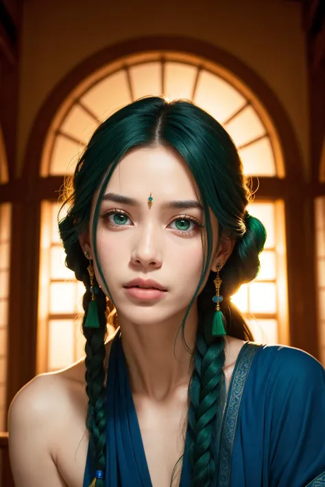 a close up of a woman with green hair and a blue dress