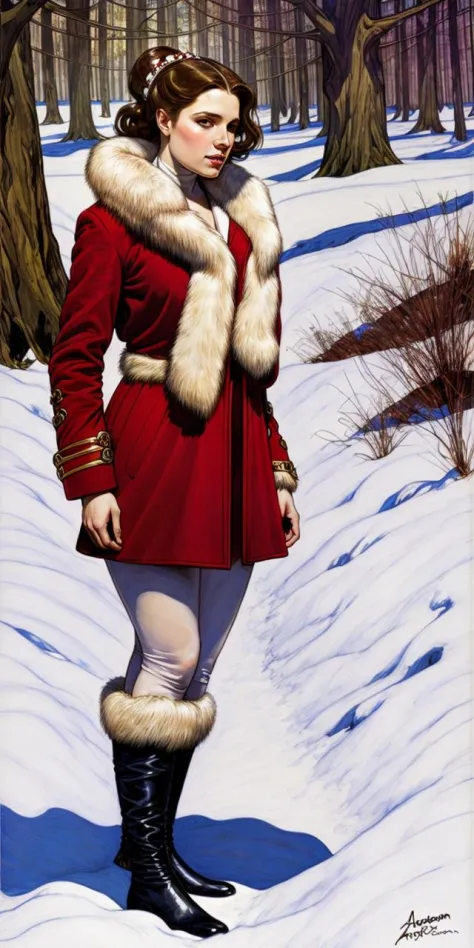 ( An ( [ Anders zorn's | Alphonse Mucha's ] )  [ stunning | astonishing | exquisite ]  
[ masterpiece | artwork ] )
with the  ( full body ) portrait of a biomechanical ( goddess ) 
wearing ( red overcoat and ( white fur stole ) )
in  ccdsf artstyle