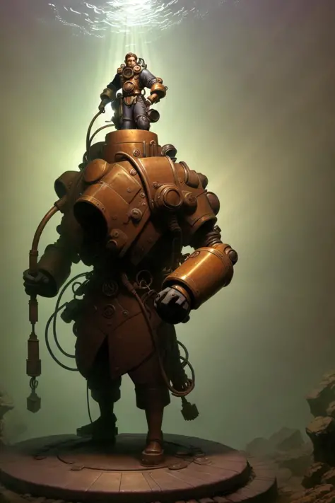 ( Full body ) character illustration 
of  a ( ( [ ominous | gloomy ] ) [ nautical  | biomechanical | clockwork ] ( ( art deco ) diver ) )
full of hanging ( ( [ hoses |  cables ] ) and [ pipes |conduits ] )
( while [ standing |  posing ] on top of a pedestal 
in the middle [ of an empty photobooth | of composition framing ] )
, Geometrical ( Alphonse Mucha's  )  concept [ character  design | costume design | art | illustration ] 
in  low-tech [ sci-fi  fantasy | medieval futurism ] CCDSF artstyle 
by [ Greg Staples | Boris Vallejo | Greg And Tim Hildebrandt ]
and by [ Donato Giancola | Terese Nielsen ]
, ( clear and readable tangents )
full of negative space 
, exquisite 3D ( solid drawing ) volumetry
enhancing  perspective ( depth )