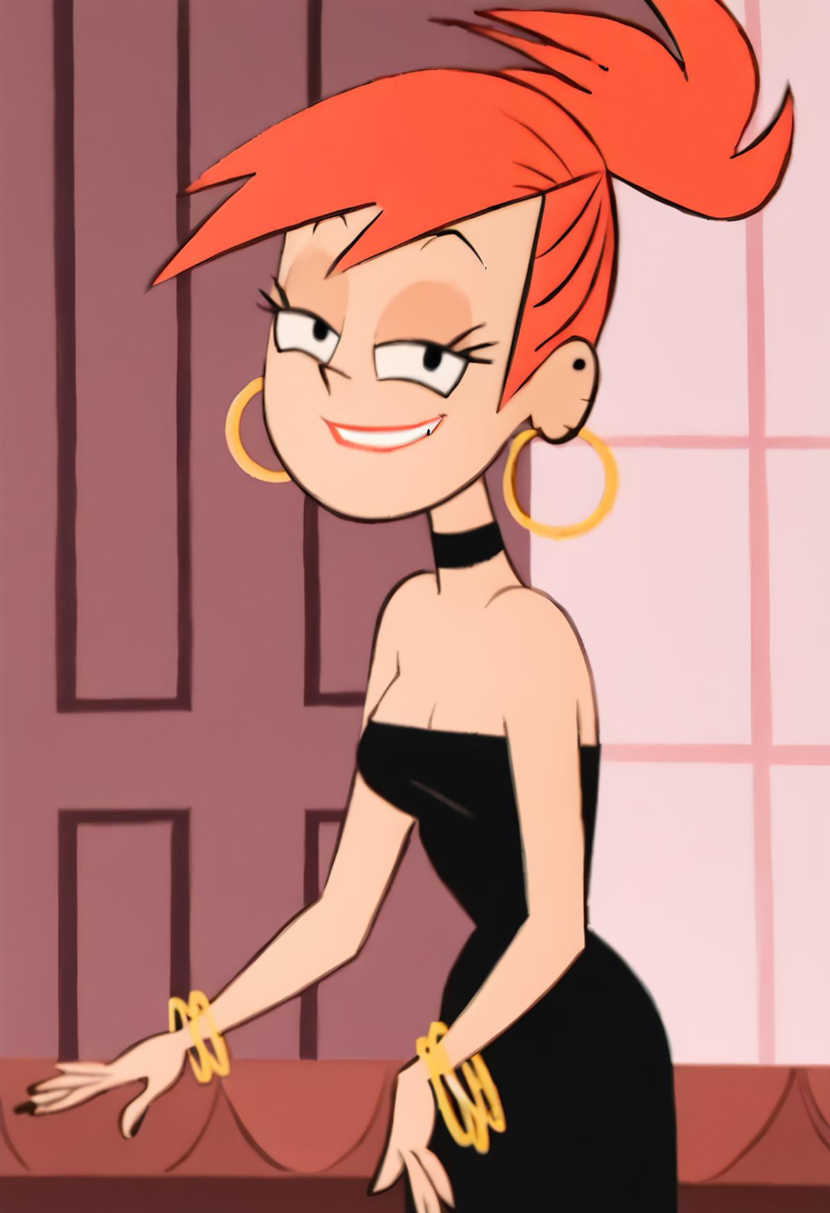 A close up of a cartoon woman with red hair and a black dress - SeaArt AI