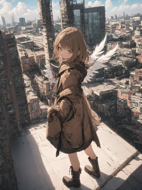 (masterpiece, best quality),from above , 1girl, solo, (feathered wings:1.2), billboard, brown eyes, brown hair, building, city, ...