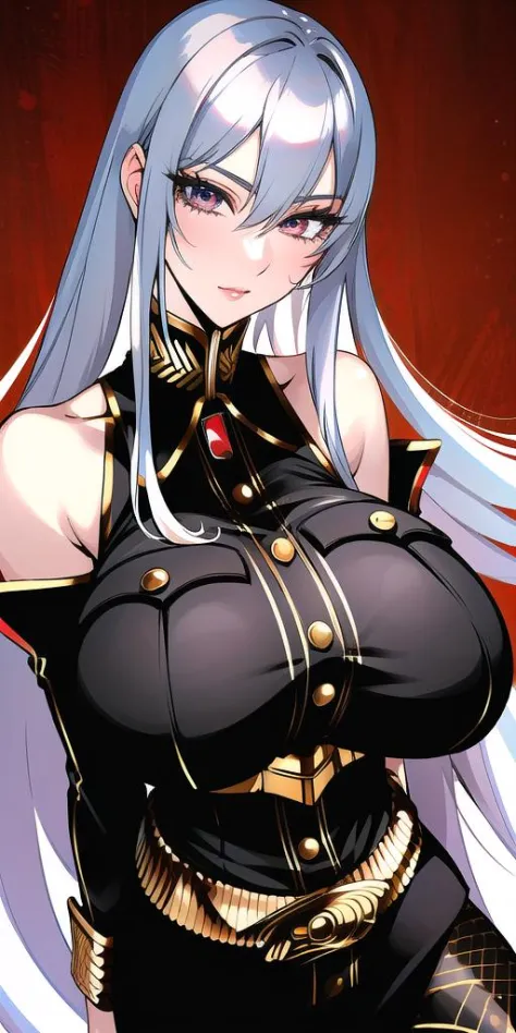 <lora:selvaria_blesV2:0.7> selvaria_bles, huge_breasts, standing, solo, military_uniform_black_short_dress_detached_sleeves_golden_belt_black_pantyhose_halterneck_high_heels, masterpiece, best quality, detailed face, detailed eyes, highres,