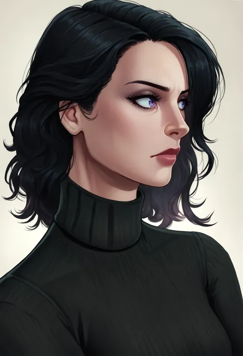 a drawing of a woman with black hair and a turtle neck