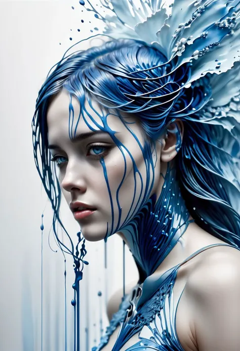 1girl, (abstract art:1.4), bleeding blue, blue theme, visually stunning, beautiful, evocative, emotional, side view,  
style of ...