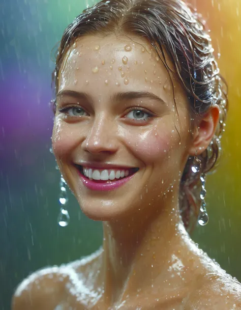 Beautiful Woman with smile appearing from colorful wet,dewdrops,cinematic lighting,photo realistic,weta digital,3d sculpture,str...
