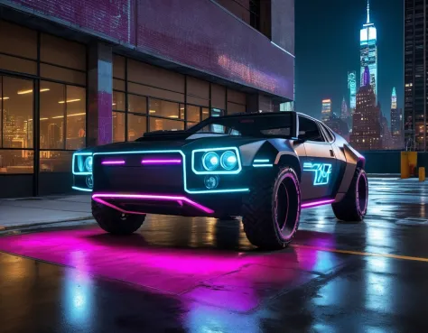 a 3/4 front view of ((futuristic cyberpunk badass)) (with glowing tires), at the parking lot,front pop up headlights, science fi...