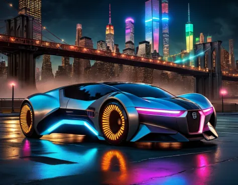 a 3/4 front view of ((futuristic cyberpunk badass)) (with glowing tires) concept car, at the parking lot, front pop up headlight...