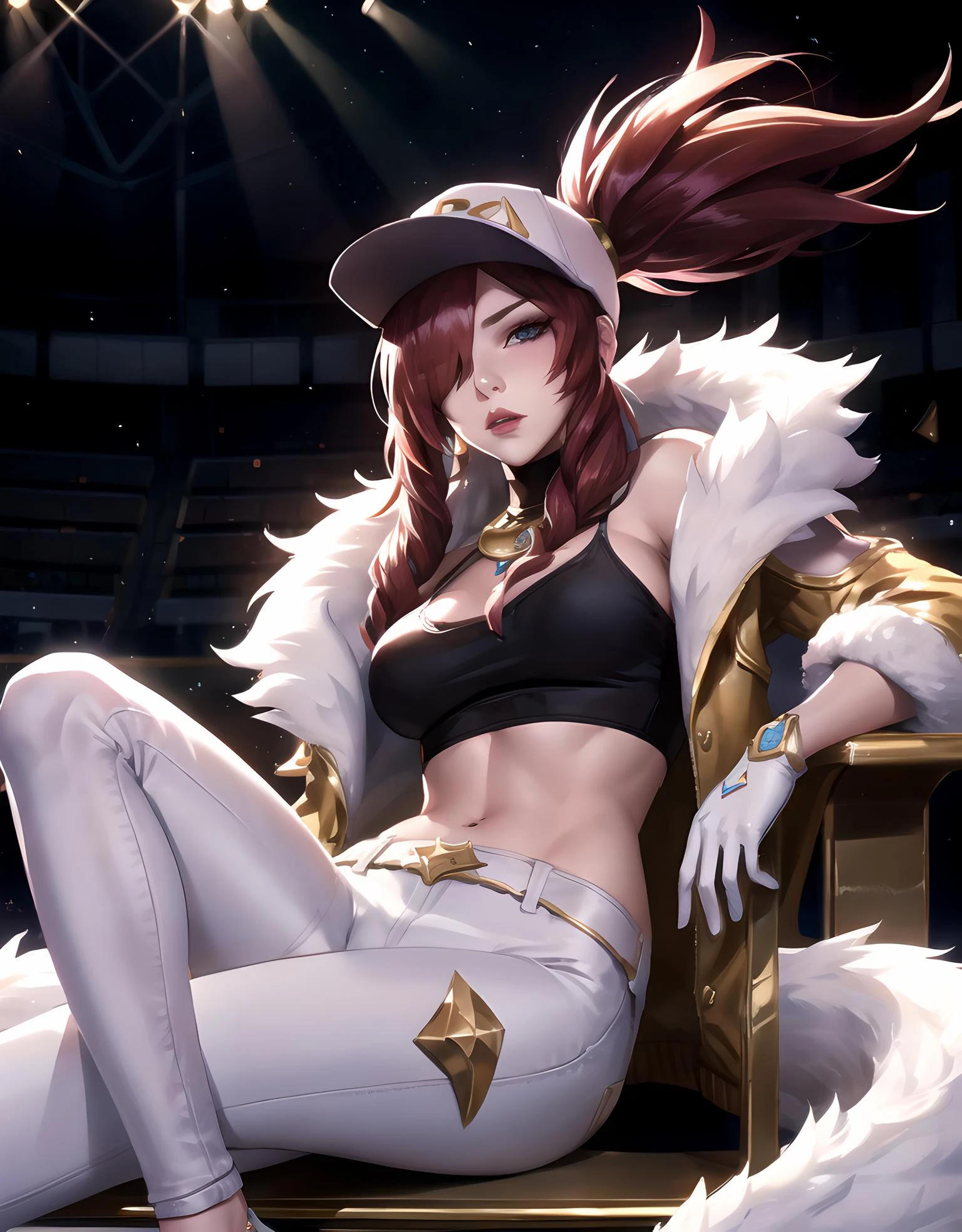 Akali kda prestige, 1girl, solo, long hair, breasts, looking at viewer, jewelry, medium breasts, red hair, necklace, hair over one eye, lips, makeup, white headwear, upper body, epic light, crop top, fur trim, jacket, concert hall, sitting, white gloves, white pants, tight pants, k/da (league of legends)