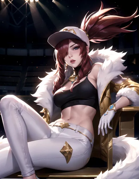 <lora:Akali_KDA_Prestige:0.65>, Akali kda prestige, 1girl, solo, long hair, breasts, looking at viewer, jewelry, medium breasts, red hair, necklace, hair over one eye, lips, makeup, white headwear, upper body, epic light, crop top, fur trim, jacket, concert hall, sitting, white gloves, white pants, tight pants, k/da (league of legends)