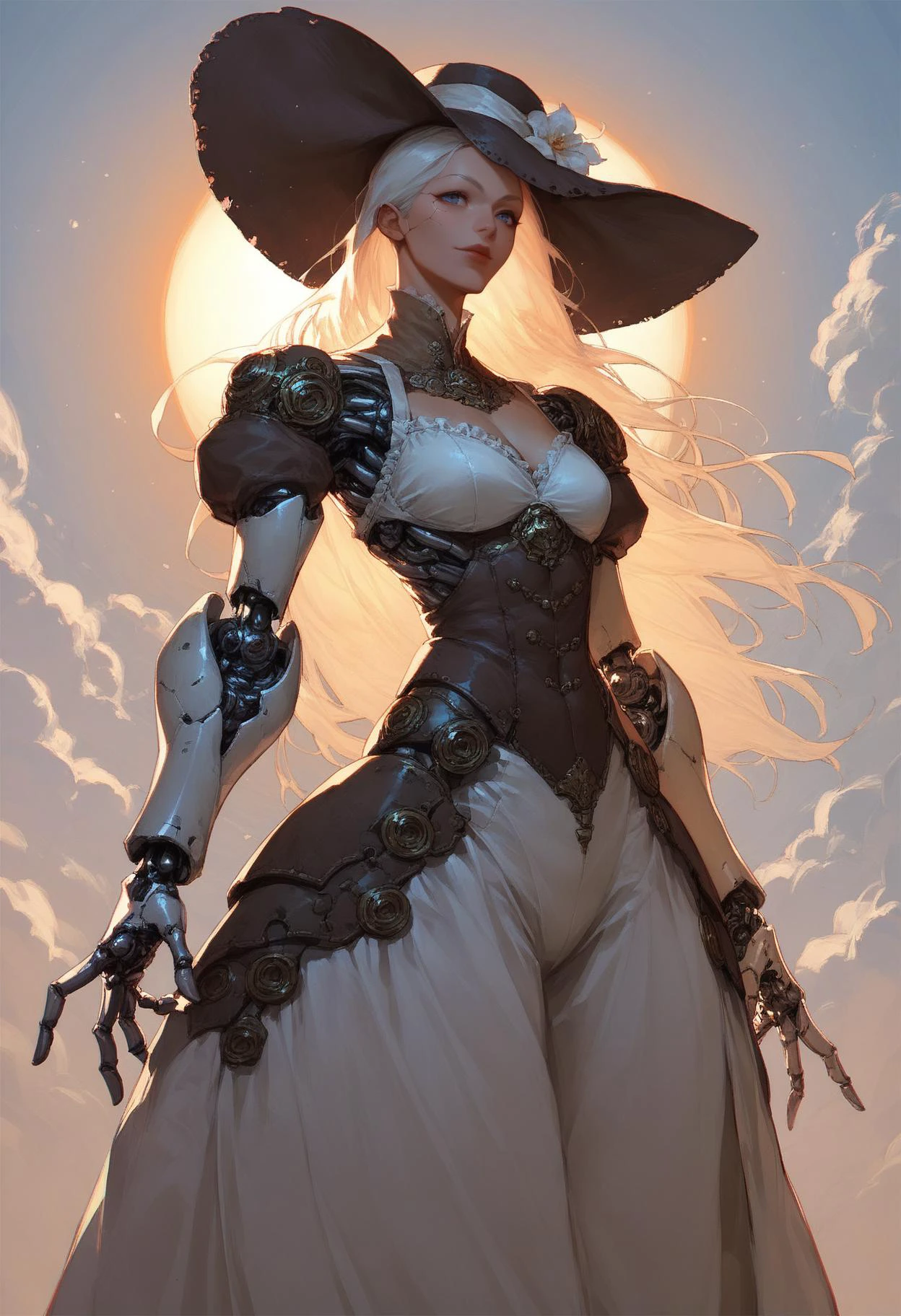 (score_9_up, score_8_up:1.2), score_7_up, cyborg girl, sungm00, sun hat, long hair, steampunk, 