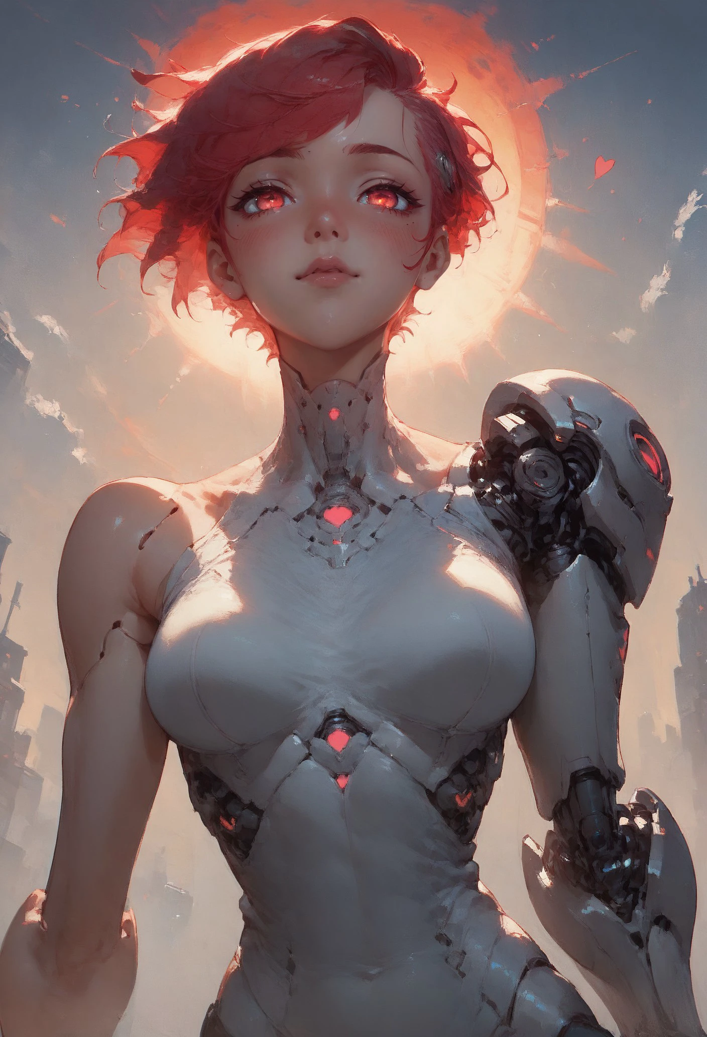 (Punktzahl_9_hoch, Punktzahl_8_hoch:1.2), Punktzahl_7_hoch,   cyborg girl, glühende Augen, rote Sonne, Niedlich, Schwarze Herzen, erröten, Wunderschöne Augen, Rote Haare, kurzes Haar, High-Top-Schnitt, dynamische pose, Stadt,  Ausdrucksstark   