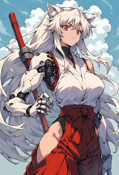 (score_9_up, score_8_up:1.2), score_7_up, cyborg girl, 1nu, curvaceous, wolf ears, hakama, large breasts, art by Rumiko Takahash...