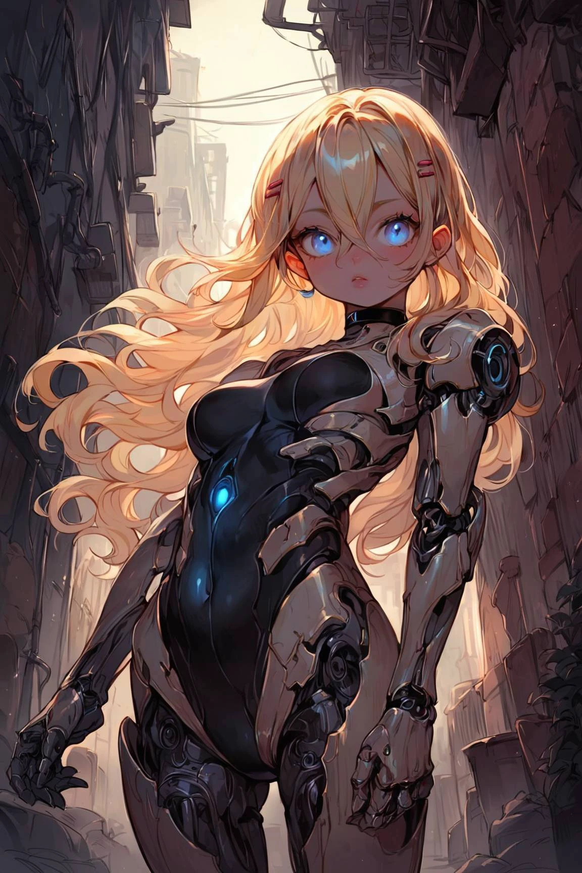 score_9, score_8_up, score_7_up, source_anime, (realistic:0.6), (high quality, detailed, beautiful)
Beautiful Lighting, 1girl, (outdoors, alley:1.3), black choker, realistic, blonde hair, long hair, hair intakes, hair between eyes, cyborg girl, leotard, glowing blue eyes, Cyberarms, medium breasts, military robot,