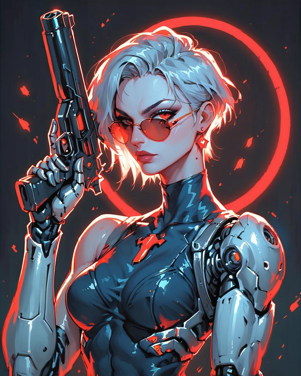 (score_9_up, score_8_up:1.2), score_7_up, (solo), (cyborg girl:1.2) , (athletic), (very detailed), (short hair), (large breasts), (dramatic pose:1.4), (holds tightly big gun), r3dgl0w, (glowing:1.2) red eyes, [sunglasses], red circle at background, black background, Vintage, 1990s \(style\), from side, upper body,
