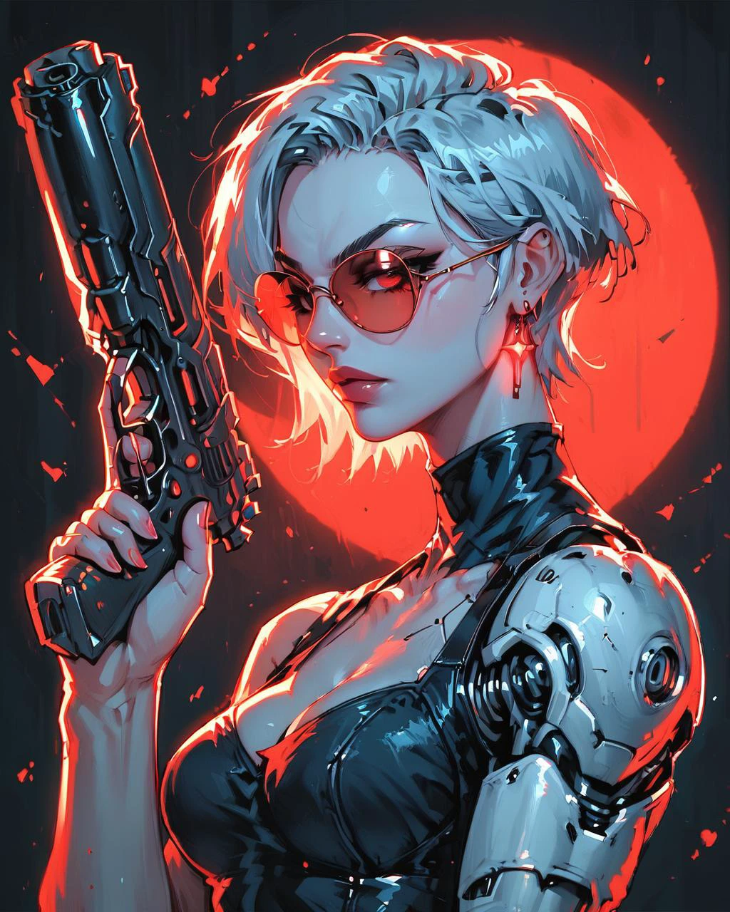 (score_9_up, score_8_up:1.2), score_7_up, (solo), (cyborg girl:1.2) , (athletic), (very detailed), (short hair), (large breasts), (dramatic pose:1.4), (holds tightly big gun), r3dgl0w, (glowing:1.2) red eyes, [sunglasses],perfect red circle at background, black background, Vintage, 1990s \(style\), from side, upper body,
