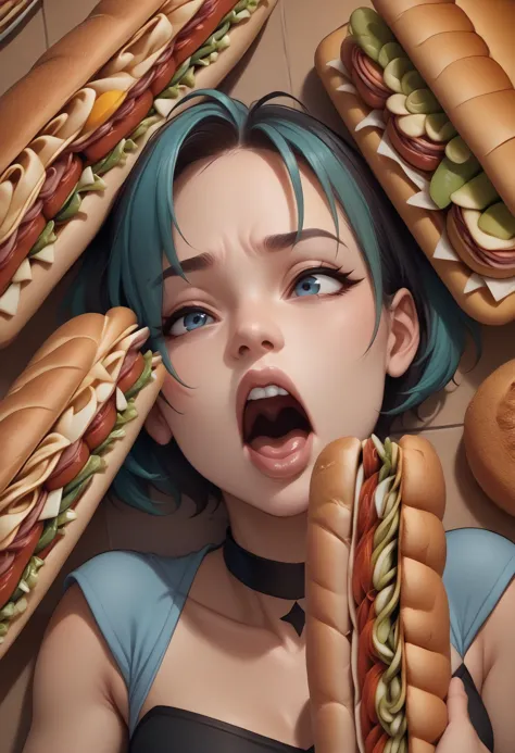 score_9, score_8_up, score_7_up, source_anime, 1girl, <lora:gwentd-guy-ponyv1:1>, gwentd, two-tone hair, lipstick, choker, <lora:EatfreshPDXL:1>, eatfresh, freshcock, sandwich, upper body, sandwich envy, from above, sandwich over one eye, sandwich on face, screaming, surrounded by sandwich,