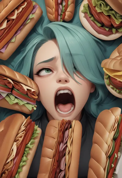 a close up of a woman with blue hair and a bunch of sandwiches