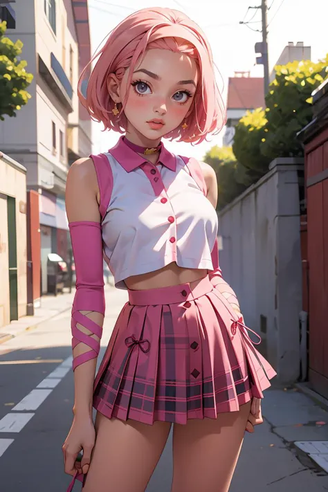 a close up of a person in a skirt and shirt on a street