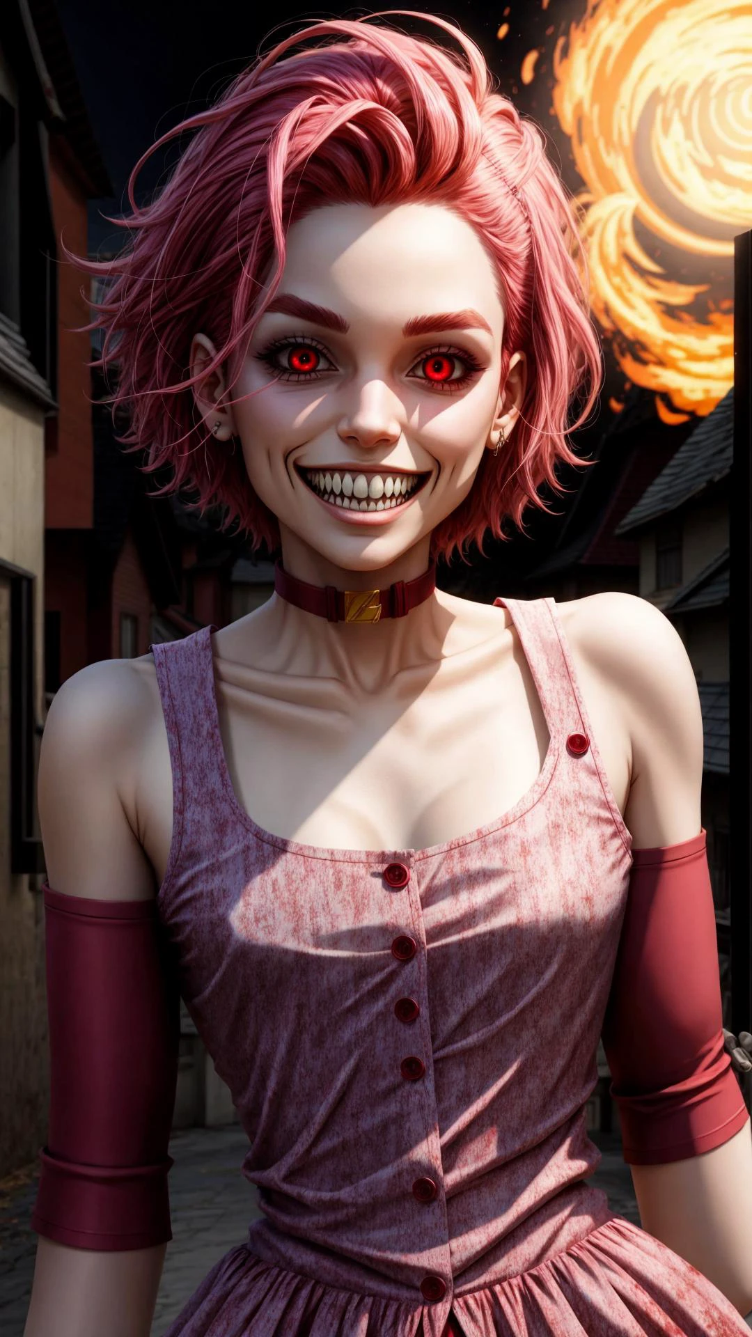 ReimiSugimotoJoJo, 1girl, pink hair, short hair, BREAK, (Exe, teeth, horror theme, red eyes, smile, sharp teeth, glowing, blood, grin, glowing eyes, evil smile:0.5), BREAK, burning background, debris masterpiece, best quality, extremely detailed, highly quality, 4k, sharp focus, professional, sharp focus, award winning, cinematic lighting, octane render, unreal engine, volumetrics dtx, Wallpaper,