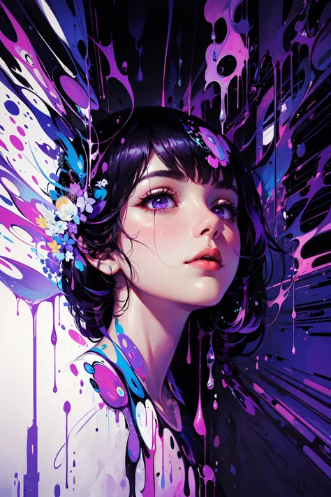 masterpiece, best quality, ultra high res, beautiful, gorgeous, evocative, emotional, award-winning art, 1girl, (abstract art:1.4), purple theme, purple lighting, melting, liquid