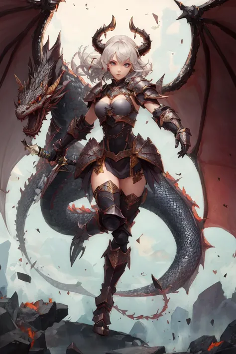 1girl, full body, armor, dragon scales, horns, holding weapon, masterpiece, best quality,