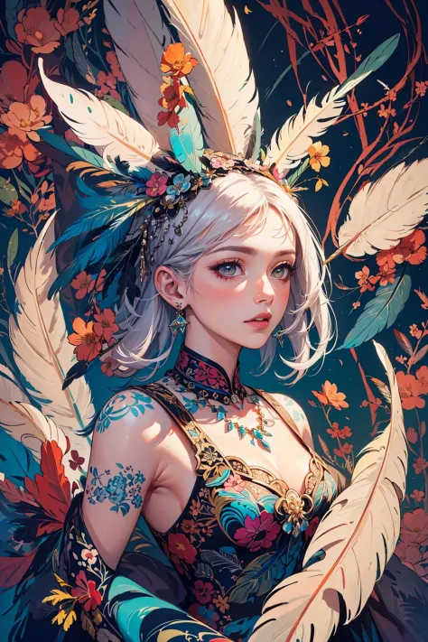 sanachan, (masterpiece, top quality, best quality, official art, beautiful and aesthetic:1.2), (1girl:1.3), extremely detailed,(fractal art:1.1),(colorful:1.1)(flowers:1.3),highest detailed,(zentangle:1.2), (dynamic pose), (abstract background:1.3), (many colors:1.4), ,(earrings), (feathers:1.5)