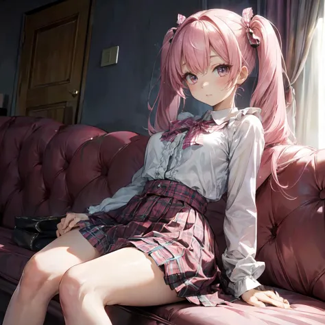 anime girl sitting on a couch with her legs crossed