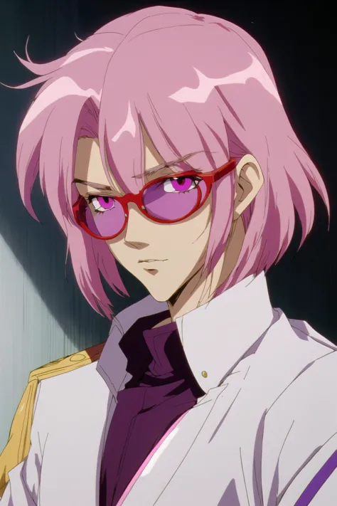 a close up of a person with pink hair wearing glasses