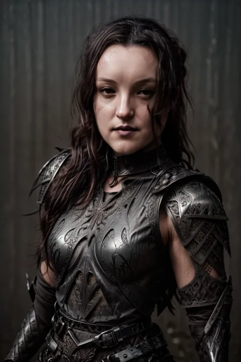 portrait of tlou-ellie in medieval fantasy steel armor, shoulder armor, in a misty battlefield, choker, black lipstick, (sexy go...
