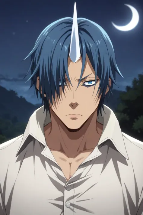 a man with blue hair and a white shirt standing in front of a moon