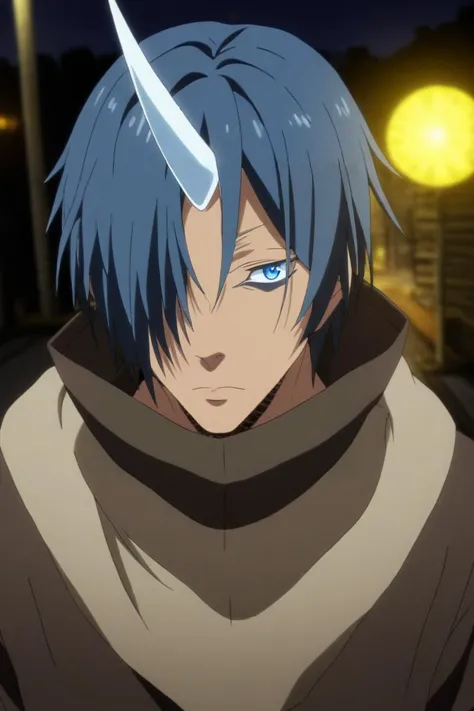 a close up of a person with blue hair and a sword