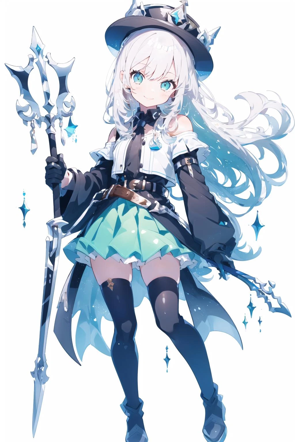 1girl, solo, long hair, thighhighs, weapon, skirt, white background, hat, white thighhighs, looking at viewer, green eyes, very long hair, brown hair, simple background, polearm, boots, full body, blonde hair, thigh boots, staff, pleated skirt, white footwear, wide sleeves, holding, bare shoulders, smile, belt, aqua eyes, white gloves, gloves, bangs, green skirt, spear,