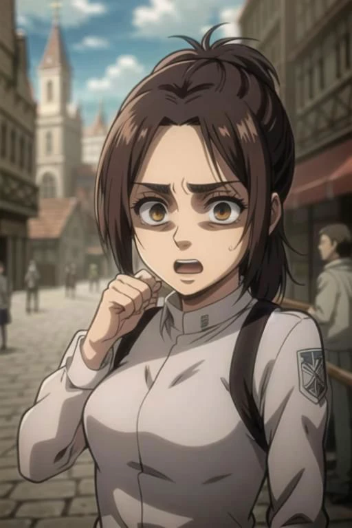 sfw, GabiAOT, 1girl, brown eyes, low ponytail,
gold dress, (busy street, people walking in background, gorgeous view), 
(upper body focus), (scared, open mouth, shaded face, sweat, trembling, hands up, motion lines), (anime style), masterpiece, best quality, ultra-detailed, ray tracing, HDR, deph of field, (perfect face, detailed face, detailed eyes), 8k, HD, best quality, ultra-detailed, shiny eyes, fair skin, notably long eyelashes, perfecteyes eyes, shinny eyes, glowing eyes, dynamic angle, small breasts, looking to the viewer, pink lips, long eyelashes, on a medieval city, official art, harness, 1girl, slim girl, slim figure, soft skin, fair skin, notably long eyelashes, cute face,