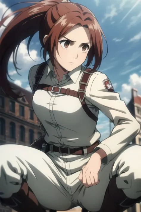 a woman in uniform crouches down with her hands on her hips