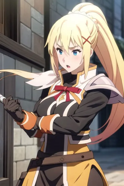 close up, (torn clothes)) outdoors, front view, top view,{lalatina_dustiness_ford_konosuba}, blonde_hair, long_hair, hair_ornament, x_hair_ornament, ponytail, blue_eyes, parody, open_mouth, 1girl, large breasts, tight clothes, armor, holding, holding_sword, holding_weapon, sword, weapon, gloves, cowboy shot, intricate iris, Beautiful Finger, Beautiful body, Beautiful character design, perfect eyes, perfect face, expressive eyes, perfect balance, official art, extremely detailed CG unity 8k wallpaper, perfect lighting, Colorful, Bright_Front_face_Lighting, (masterpiece:1.0),(best_quality:1.0), ultra high res,4K,ultra-detailed, photography, 8K, HDR, highres, absurdres:1.2, Kodak portra 400, blurry background, bokeh, lens flare, (vibrant_color:1.2), professional photograph, (beautiful_face:1.2), 2d, anime,