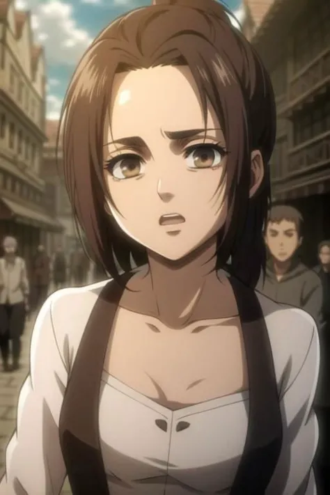 sfw, GabiAOT, 1girl, brown eyes, low ponytail,
gold dress, (busy street, people walking in background, gorgeous view), 
(upper body focus, open mouth, :O), Question Mark on top of the head, (anime style), masterpiece, best quality, ultra-detailed, ray tracing, HDR, deph of field, (perfect face, detailed face, detailed eyes), 8k, HD, best quality, ultra-detailed, shiny eyes, fair skin, notably long eyelashes, perfecteyes eyes, shinny eyes, glowing eyes, dynamic angle, small breasts, looking to the viewer, pink lips, long eyelashes, on a medieval city, official art, harness, 1girl, slim girl, slim figure, soft skin, fair skin, notably long eyelashes, cute face,