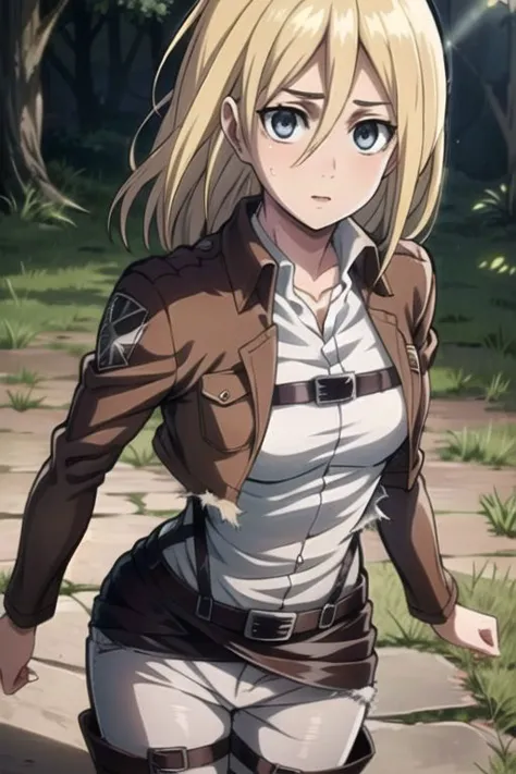 (loose hair:1.4), (((torn clothes:1.2))), looking back, historia_reiss, historia reiss, blonde hair, blue eyes, long hair, hair between eyes, historia, christa renz, blonde hair, blue eyes, hair between eyes, loose hair, official art, jacket, brown jacket, emblem, belt, thigh strap, pants, white pants, boots, shirt, white shirt, collared shirt, shiny eyes, perfecteyes eyes, shinny eyes, glowing eyes, narrow waist, wide hips, dynamic angle, ((small breasts)), small breasts, looking to the viewer, pink lips, long eyelashes, loose hair, cowboy shot, cleavage, (fashion make up), parted lips, long hair, (masterpiece, best quality, glowing light, glistening, shiny skin, ultra detailed, detailed background, complex background), (perfect face, detailed face, detailed eyes,perfect hands,perfect fingers), dynamic poses, ((8k wallpaper)), Beautiful Finger, Beautiful body, Beautiful character design, perfect face, perfect balance, official art, extremely detailed CG unity 8k wallpaper, perfect lighting, Colorful, Bright_Front_face_Lighting, (masterpiece:1.0),(best_quality:1.0), ultra high res,4K,ultra-detailed, photography, 8K, HDR, highres, absurdres:1.2, Kodak portra 400, blurry background, bokeh, lens flare, professional photograph, (vibrant_color:1.2),(beautiful_face:1.2), 2d, anime,  on a medieval city, breasts, harness, solo, 1girl, slim figure, soft skin, fair skin, notably long eyelashes, (tight clothes)