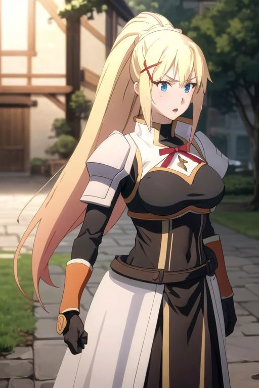 close up, (torn clothes)) outdoors, front view, top view,{lalatina_dustiness_ford_konosuba}, blonde_hair, long_hair, hair_ornament, x_hair_ornament, ponytail, blue_eyes, parody, open_mouth, 1girl, large breasts, tight clothes, armor, holding, holding_sword, holding_weapon, sword, weapon, gloves, cowboy shot, intricate iris, Beautiful Finger, Beautiful body, Beautiful character design, perfect eyes, perfect face, expressive eyes, perfect balance, official art, extremely detailed CG unity 8k wallpaper, perfect lighting, Colorful, Bright_Front_face_Lighting, (masterpiece:1.0),(best_quality:1.0), ultra high res,4K,ultra-detailed, photography, 8K, HDR, highres, absurdres:1.2, Kodak portra 400, blurry background, bokeh, lens flare, (vibrant_color:1.2), professional photograph, (beautiful_face:1.2), 2d, anime,