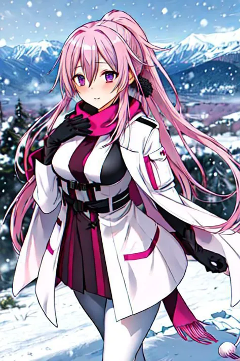 a close up of a person in a white coat and pink hair