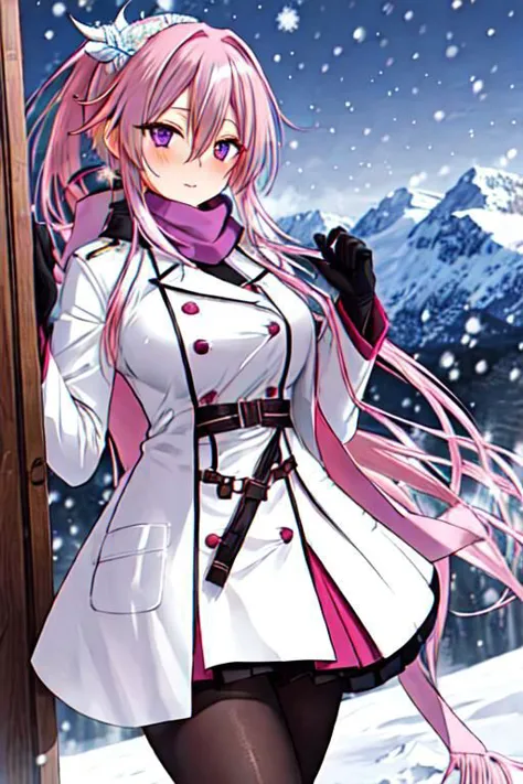 anime girl in white coat and pink hair standing in snow