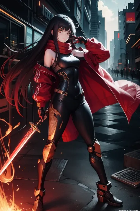 a woman in a red cape and black outfit holding a sword