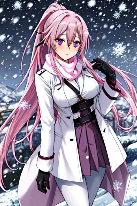 a close up of a person in a white coat and purple hair