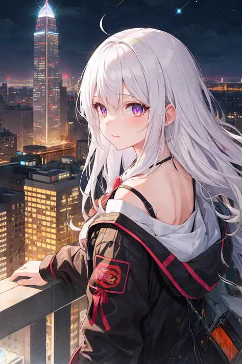 a woman with long white hair standing on a balcony overlooking a city