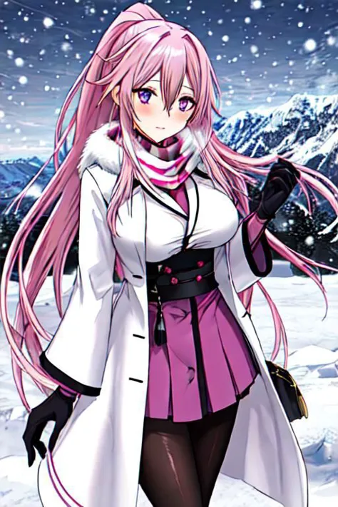 a close up of a person in a white coat and pink hair