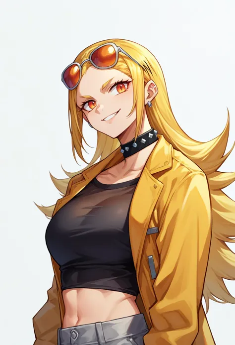 score_9, score_8_up, source_anime, 1girl, solo, KamiuntenMira, long hair, spiked collar, black shirt, upper body, eyewear on head, sunglasses, grey pants, midriff, see-through cleavage, yellow jacket, black choker, smile, simple background, white background, 